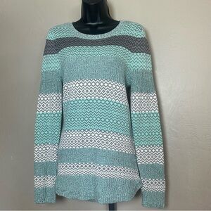 Striped Mint Knit Sweater with Grey & White Geometric Design Features Size Small